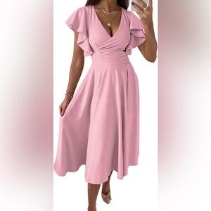 PRETTYGARDEN Pink Flowy Wrap Dress | Midi Length, V-Neck, Fit & Flare